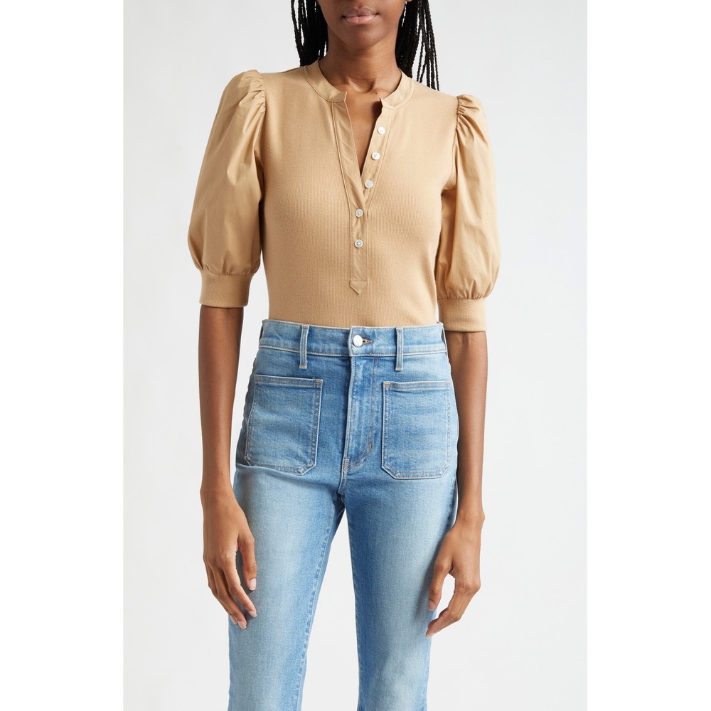 Veronica Beard Coralee Puff Sleeve Stretch Cotton Henley Top Tan Camel Large